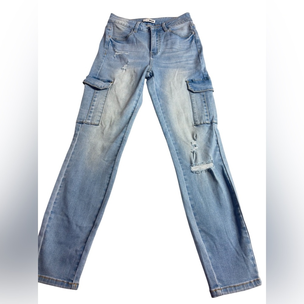 Fashion Nova Light Blue Distressed Straight Leg Cargo Jeans